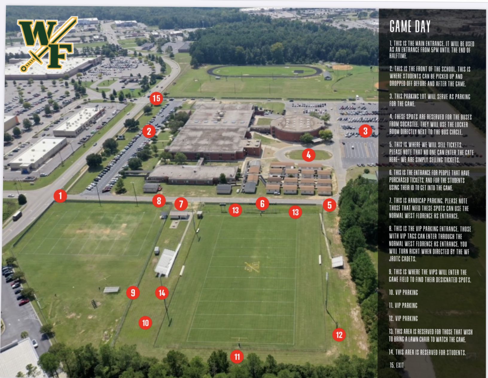 Information map for fans at Friday's West Florence on-campus football game